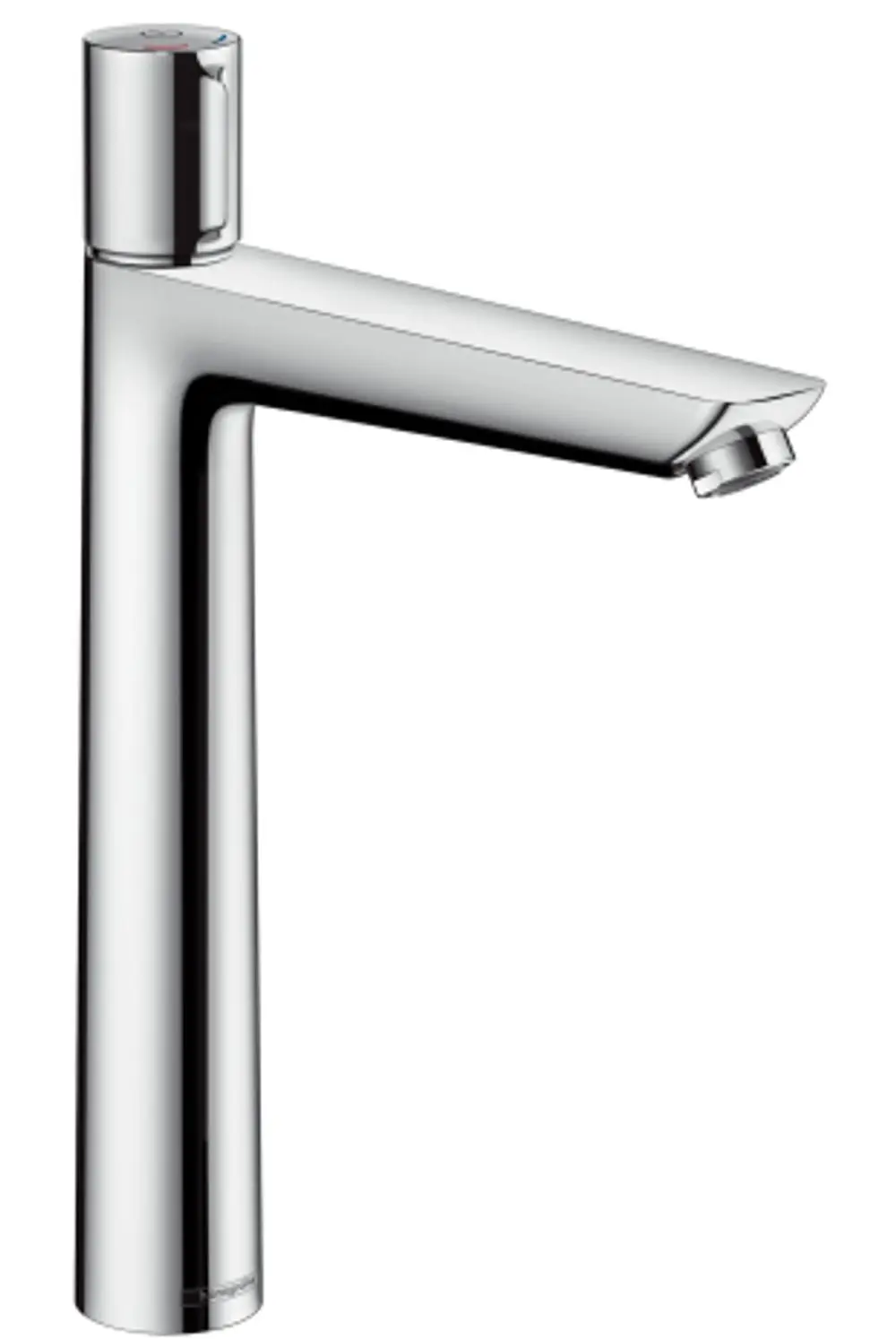 Chromfarbener Waschtischmischer von Hansgrohe mit schlankem design, für Aufsatzwaschtische geeignet. Zugstangen-Ablaufgarnitur integriert.